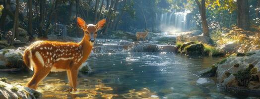 A deer is standing in a stream in the woods photo