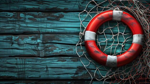 A life preserver is hanging in a net on a wooden background photo