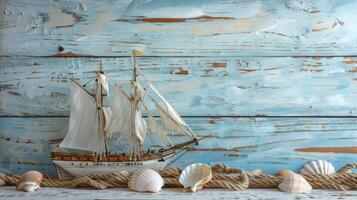 A model of a ship on a wooden background photo