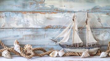 A wooden background with a sailboat and rope photo
