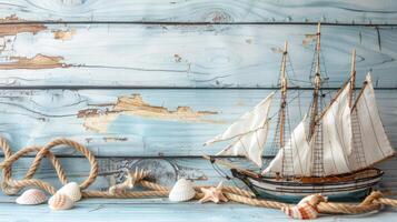 A model sailboat on a wooden table with rope and shells photo