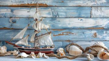 A model of a sailing ship with shells and rope photo
