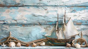 A wooden shelf with a ship, rope and shells photo