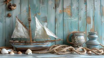 A wooden table with a sailboat, a jar and a rope photo