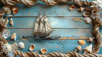 A wooden frame with a sailboat and shells photo