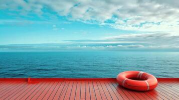 An orange life preserver on a deck of a ship photo