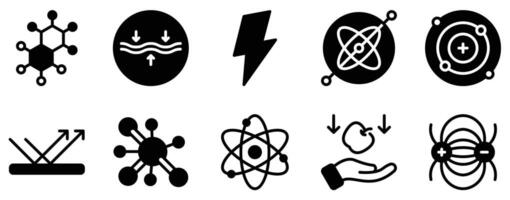 Physics Icon Set Solid Style Collection representing scientific concepts and principles suitable for education research and engineering applications vector
