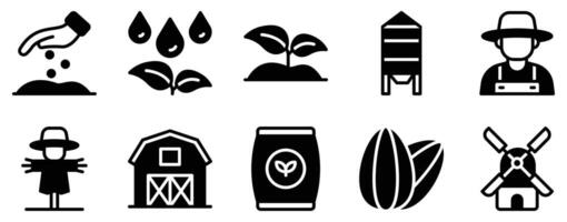 Farming Icon Set Solid Style Collection representing agriculture and cultivation suitable for farm management agribusiness and eco-friendly initiatives vector