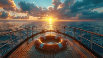 Sunset on a boat deck with life preserver photo