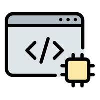 Machine learning coding icon flat line style illustration representing AI algorithms, data processing, and predictive modeling, suitable for artificial intelligence, programming, and data science. vector