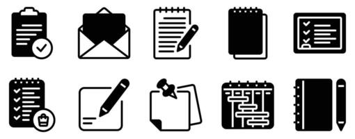 Notes and Tasks Icon Set Solid Style Collection representing organization and productivity suitable for planners to-do lists and project management applications vector