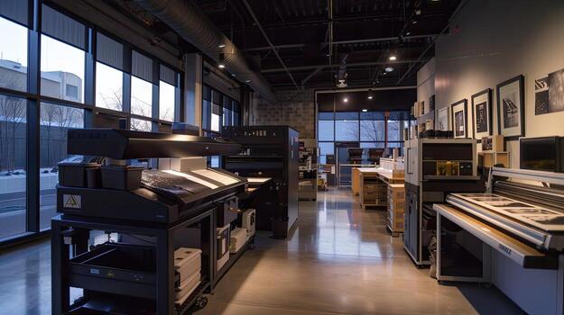 A room with many different types of printers and other equipment photo