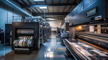A large room with a large printer and a large roll of paper photo