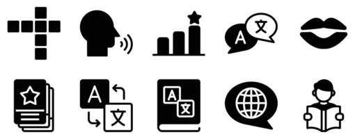 Language Learning Icon Set Solid Style Collection representing linguistic education and communication suitable for language apps online courses and educational platforms vector