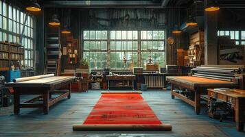 A large room with lots of wood and lots of machines photo