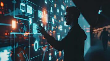 A man in a black suit is standing in front of a digital wall photo
