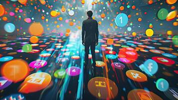 A man standing in front of a colorful circle of icons photo