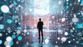 A man standing in front of a large room with many lights photo
