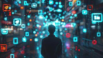 A man standing in front of a city with many digital icons photo
