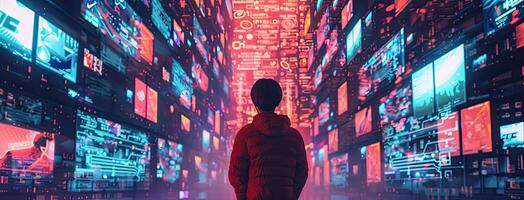 A man standing in front of a city filled with screens photo