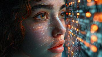 A woman with glowing eyes and a computer screen photo