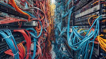 A large network of wires and cables in a server room photo