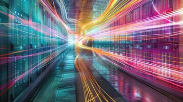 A long exposure of a colorful light trail in a data center photo