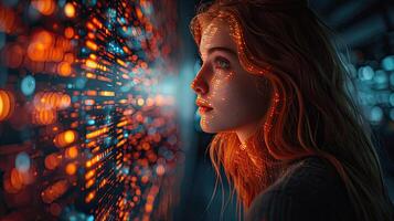 A woman looking at a computer screen with glowing dots photo