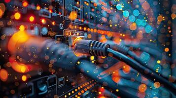 A close up of a computer with wires connected to it photo