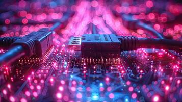 A close up of a computer motherboard with a cable photo