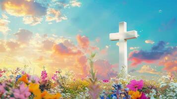 A cross in a field of flowers and wildflowers photo