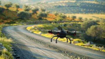A drone flying over a road in the countryside photo