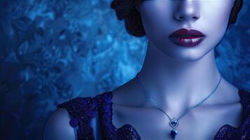 A woman with a blue dress and a necklace photo