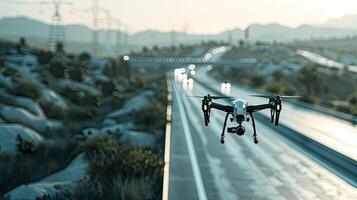 A drone flying over a highway with a mountain in the background photo