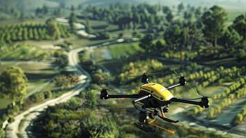 A drone flying over a field with trees and hills photo