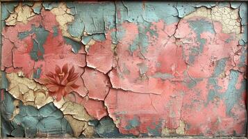 A painting of a flower on a peeling wall photo