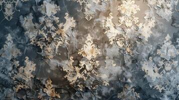 A wall with a gold and silver pattern photo