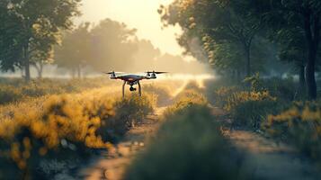 A drone flying over a field with trees and grass photo