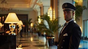 A man in a uniform standing in front of a hotel photo