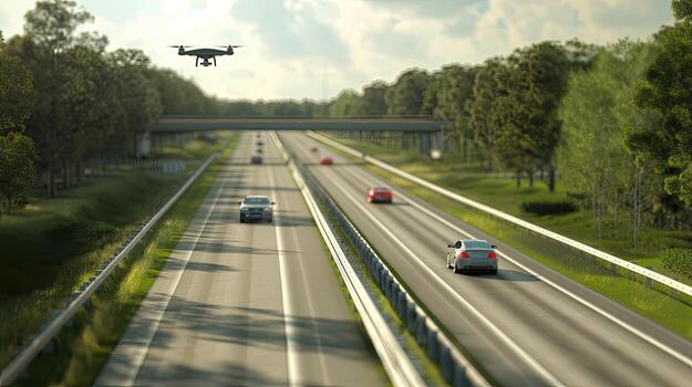 A drone flying over a highway with cars on it photo