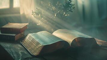 Open bible on wooden table with sunlight photo