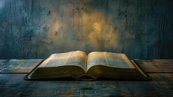 An open bible on a wooden table with a dark background photo