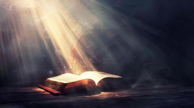 An open bible with light shining from it photo