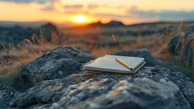 A notebook and pen on a rock at sunset photo