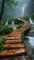 Wooden path leading to waterfall in forest photo