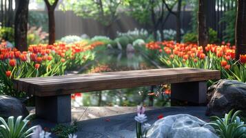 A bench sits in a garden surrounded by flowers photo