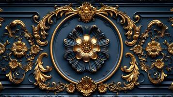 Golden floral pattern on a blue wall photo
