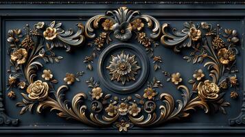 A decorative black and gold wall panel with flowers photo