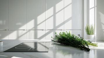 A kitchen with a table and plants on it photo