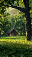 A small cabin in the middle of a lush green forest photo